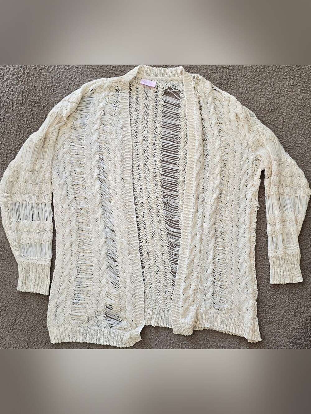 Pink Lily Cream Distressed Open-Front Cable Cardigan